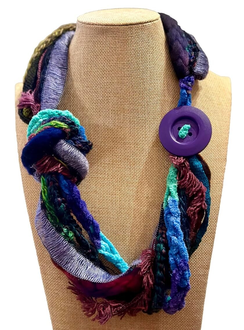 Handmade Infinity Yarn Multi Strand Cowl Rope Scarf with Button accent, Assorted Purples and Blues -LRW DESIGNS