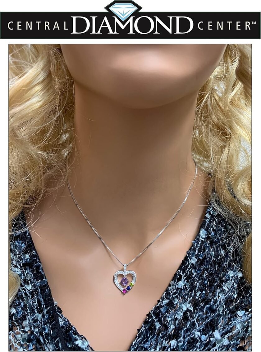 Central Diamond Center Mother & Child Heart Birthstone Necklace w/ 1-6 Simulated Gemstones in Sterling Silver, 10K, or 14K Gold - Image 3