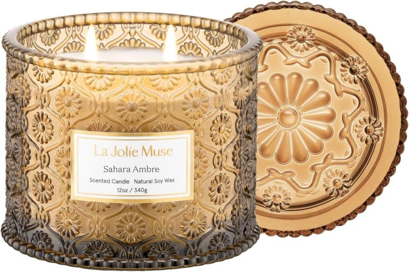 LA JOLIE MUSE Amber Candle, Scented Candles for Home, Large 2-Wick Soy Candles, Candle Gifts for Women & Men, Luxury Jar Candles, 60 Hours Long Burning, Sahara Ambre, 12oz