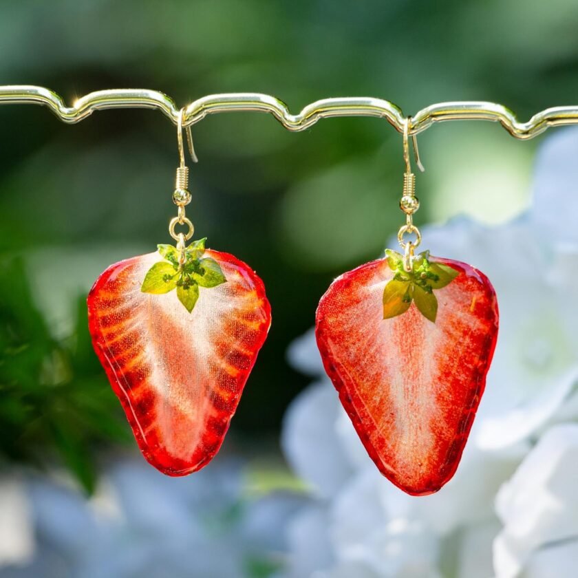 Handmade Real Strawberry Heart Earrings, Pressed Strawberry SIice Natural Earrings, Dried Fruit Resin Fruit Jewelry, Birthday Gift (Gold Hooks) - Image 2