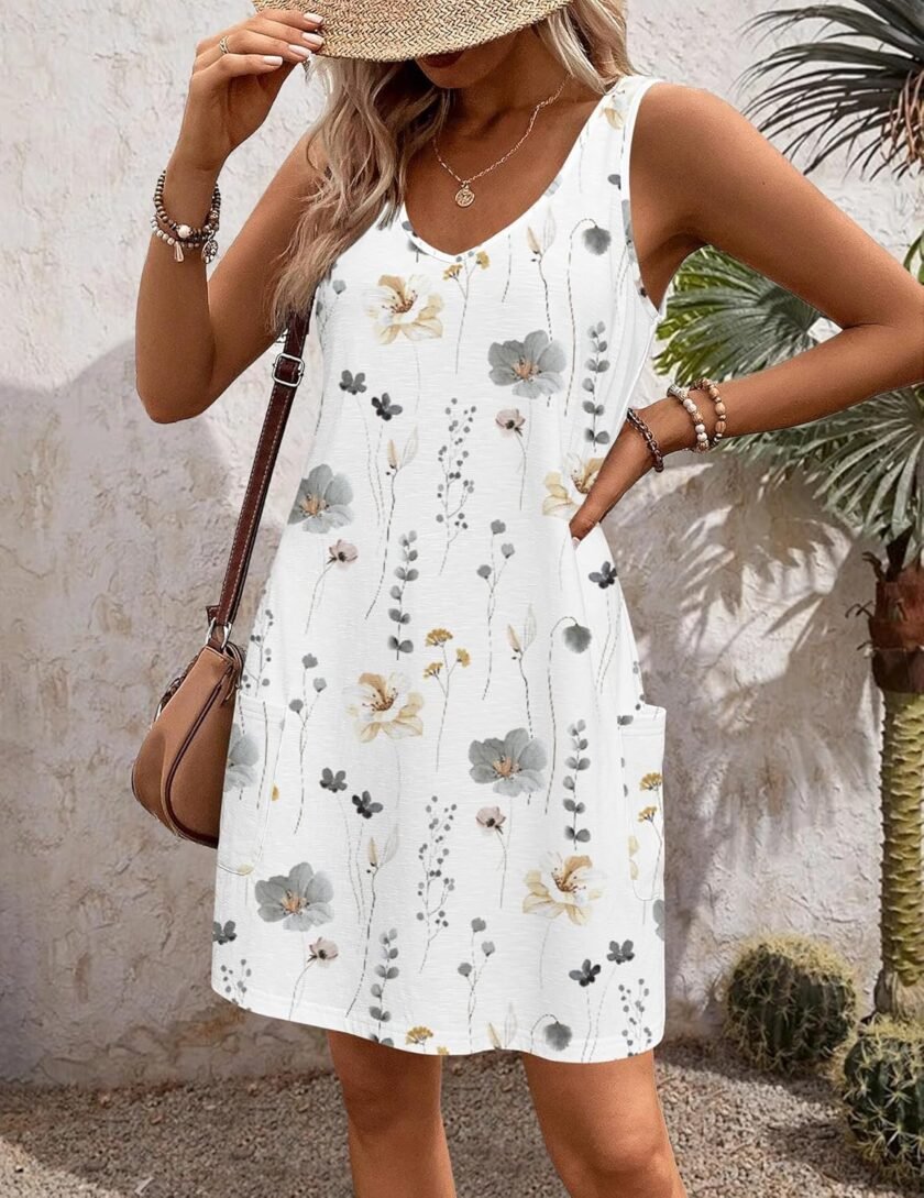 HOTOUCH Women's Casual Sundress with Pockets Summer Boho Beach Dress Floral T-Shirts Dress V Neck Loose Tank Dresses - Image 3