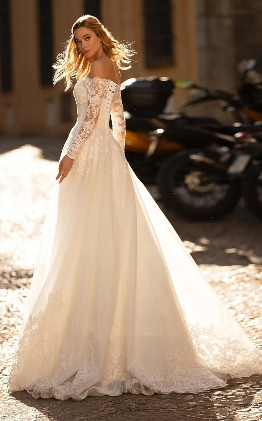 Youjiayi Long Sleeve Lace Wedding Dress for Bride Off Shoulder Bridal Dress with Train Elegant Boho Wedding Gowns for Women - Image 2