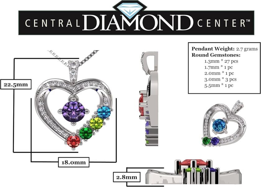 Central Diamond Center Mother & Child Heart Birthstone Necklace w/ 1-6 Simulated Gemstones in Sterling Silver, 10K, or 14K Gold - Image 2