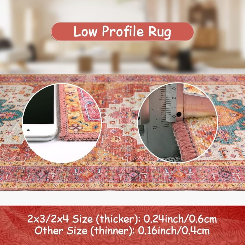 Moynesa Ultra-Thin Washable Vintage Area Rug - 5x7 Large Bedroom Boho Non-Slip Non-Shedding Living Room Mat Oriental Medallion Floor Carpet for Kids Nursery Room Office, Pink/Teal/Multi - Image 5