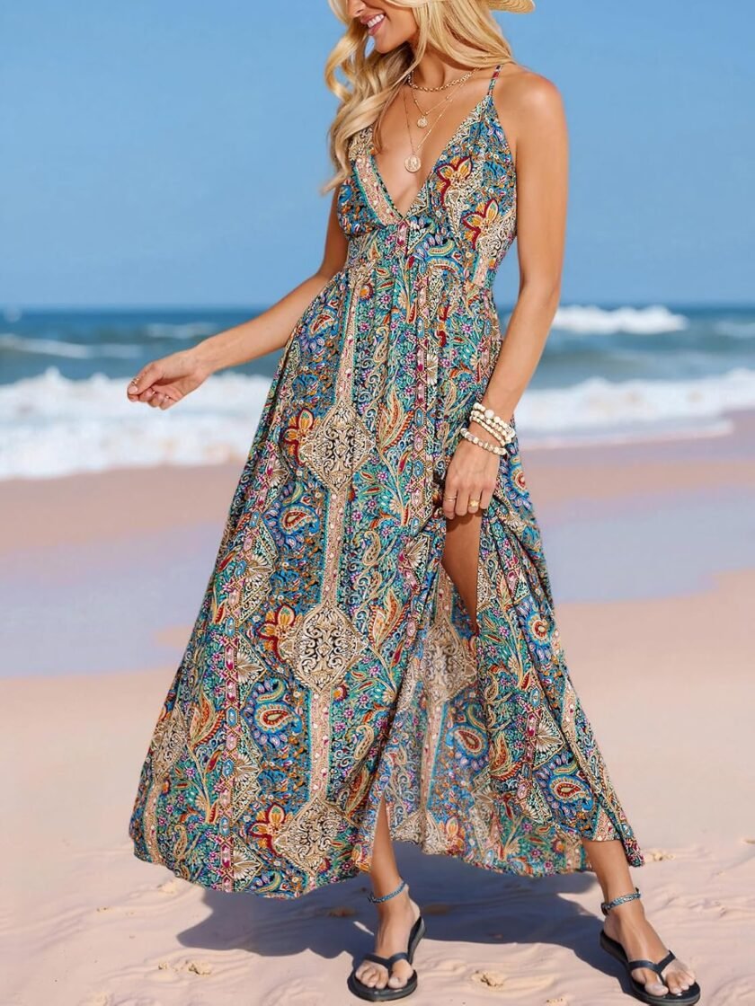 CUPSHE Women's Summer Maxi Dress Floral Paisley Backless Halter Neck Spaghetti Strap Split Beach Long Dresses - Image 5