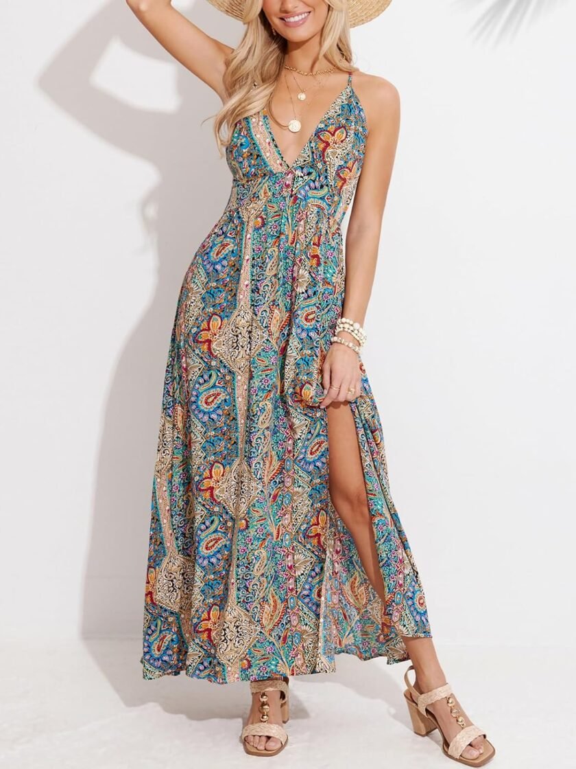 CUPSHE Women's Summer Maxi Dress Floral Paisley Backless Halter Neck Spaghetti Strap Split Beach Long Dresses - Image 6