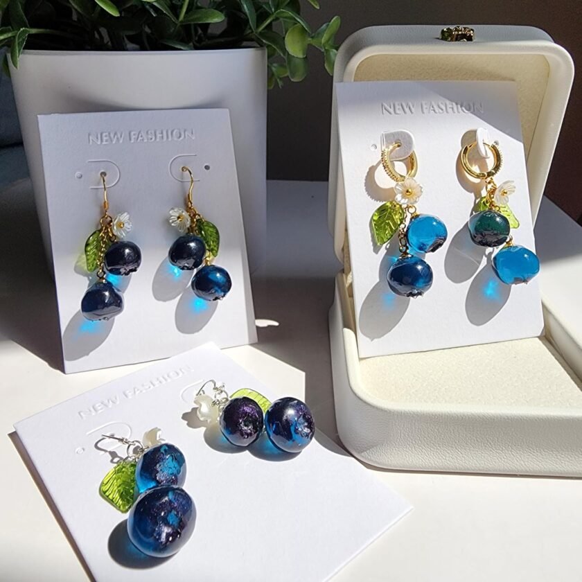 RainDesigns Blueberry Fruit Earrings Handmade Resin Wildberry Cluster Dangle Earrings 925 Silver Jewelry Gift for Women Girl (Gold, Lever Back) - Image 3