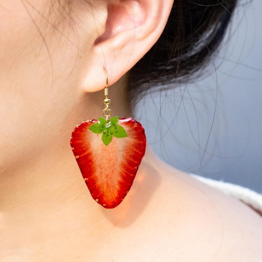 Handmade Real Strawberry Heart Earrings, Pressed Strawberry SIice Natural Earrings, Dried Fruit Resin Fruit Jewelry, Birthday Gift (Gold Hooks) - Image 3