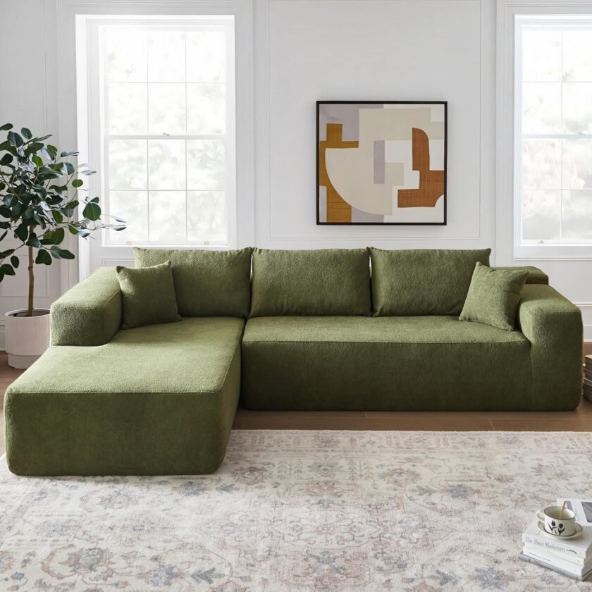 Modular Sectional Sofa Couch,L-Shape Upholstered Cloud Couch,Modern Minimalist Couches for Living Room,Free Combination Deep Seat Corner Couch (Green, Sherpa/Left Facing Chaise)