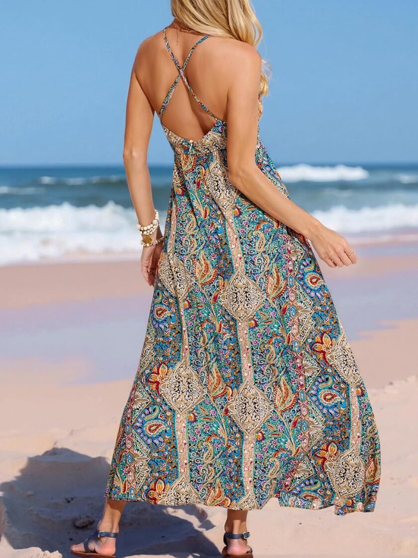 CUPSHE Women's Summer Maxi Dress Floral Paisley Backless Halter Neck Spaghetti Strap Split Beach Long Dresses - Image 2