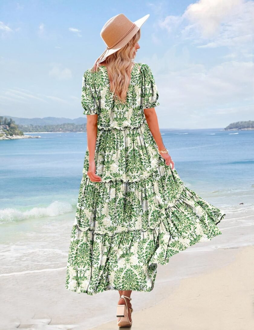 YESNO Summer Casual Bohemian Floral Dresses for Women Puff Short Sleeve Long Maxi Dress with Pockets ETX - Image 4