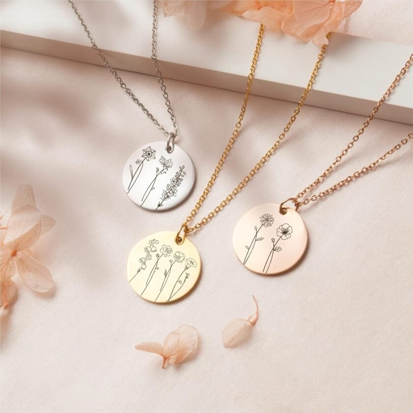 Anavia Multiple Birthday Month Flowers Necklace Connection of Family and Friends, Personalized Engraved Floral Coin Necklace, Customized Birthday Jewelry Gift for Mother New Mom - Image 6