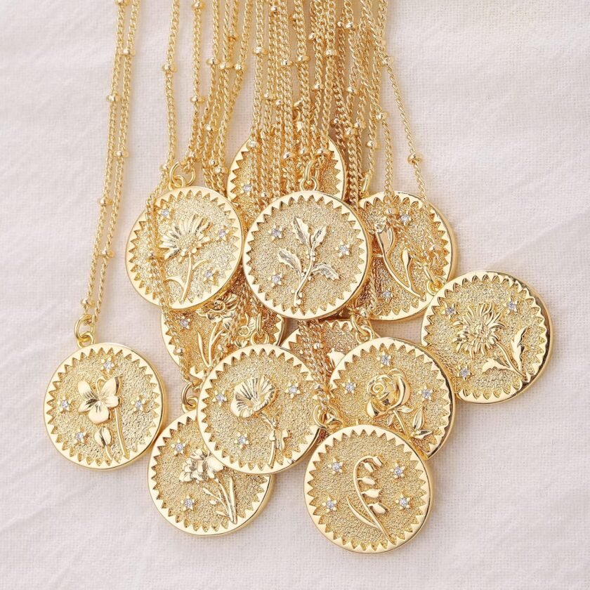 Layered Birth Flower Necklace for Women 18K Gold Plated Double Layered Engraved Custom Floral Pendant Dainty Birth Month Flower Disc Coin Necklaces Personalized Jewelry - Image 6