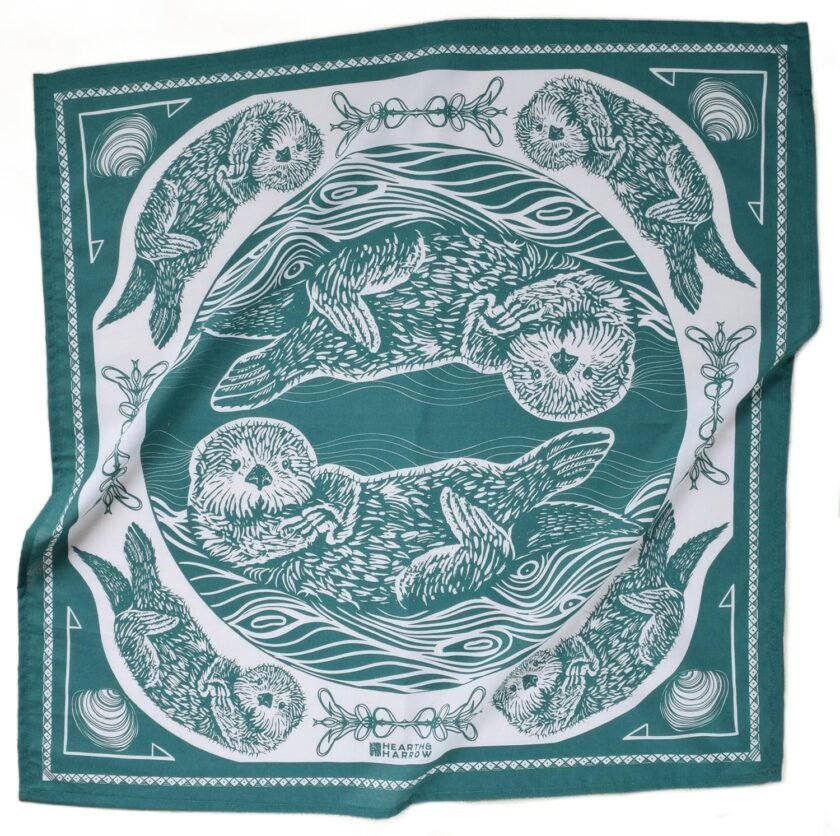 Otter Bandana, Green, Hand Printed Handkerchief, 100% Cotton, Hair Scarf, 22" x 22", Head Wrap, Pet Scarf, Handmade Kerchief, Hanky, Sea Otter Gift, Neckerchief - Image 2