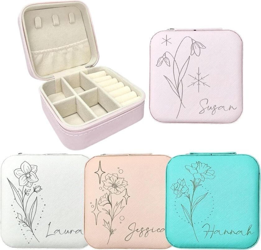 TBOUOBT Personalized Jewelry Box for Women,Birthday Gifts for Women Mom Girls Bridesmaid,Custom Leather Travel Jewelry Case with Name & Birth Flower Month,Customized Jewelry Organizer Box