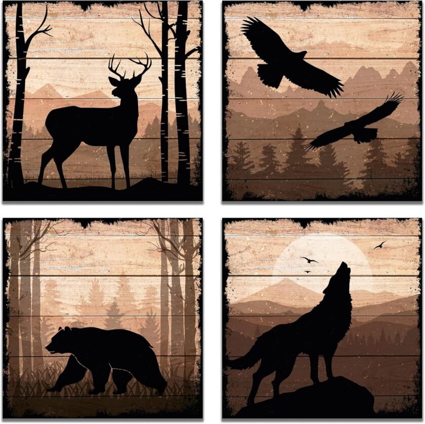 DIMARONGTON Wild Animal Canvas - 12x12 Deer Wolf Eagle Bear Canvas Wall Art - Rustic Cabin Decor Wildlife Wall Art - Woodland Wall Art - Canvas Art Wall Decor 4 Pack