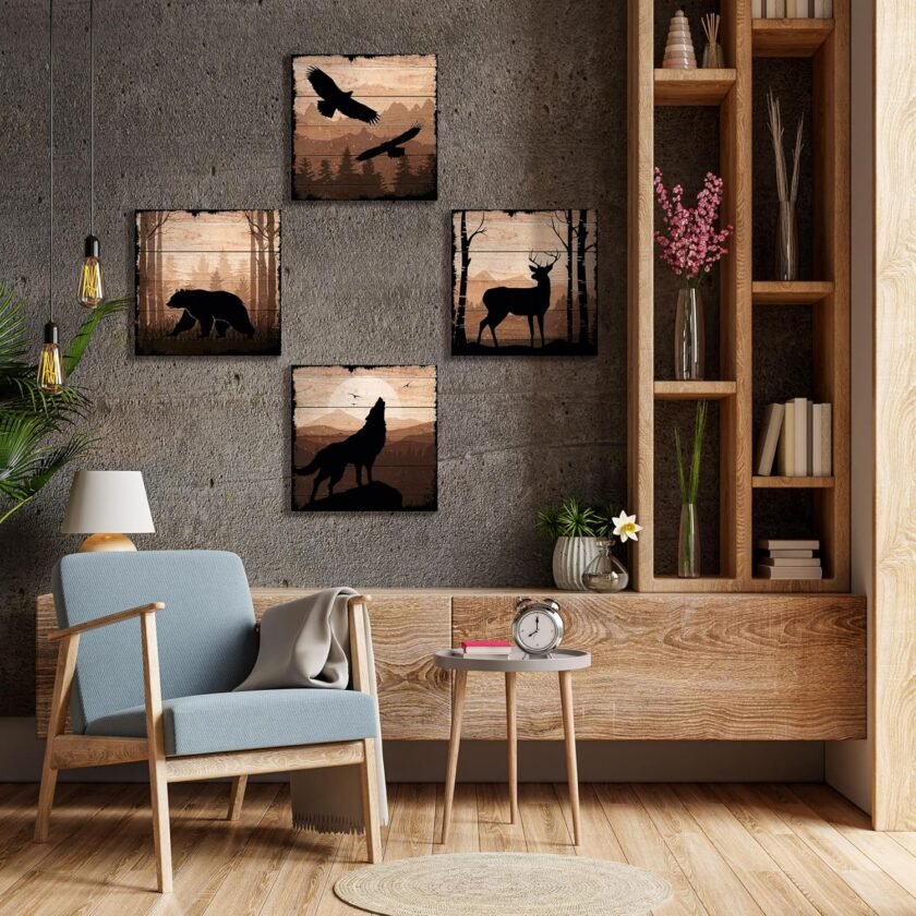 DIMARONGTON Wild Animal Canvas - 12x12 Deer Wolf Eagle Bear Canvas Wall Art - Rustic Cabin Decor Wildlife Wall Art - Woodland Wall Art - Canvas Art Wall Decor 4 Pack - Image 3