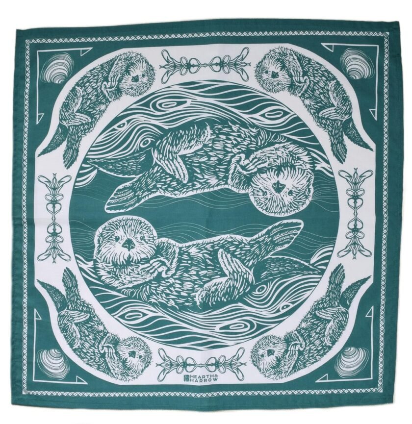 Otter Bandana, Green, Hand Printed Handkerchief, 100% Cotton, Hair Scarf, 22" x 22", Head Wrap, Pet Scarf, Handmade Kerchief, Hanky, Sea Otter Gift, Neckerchief