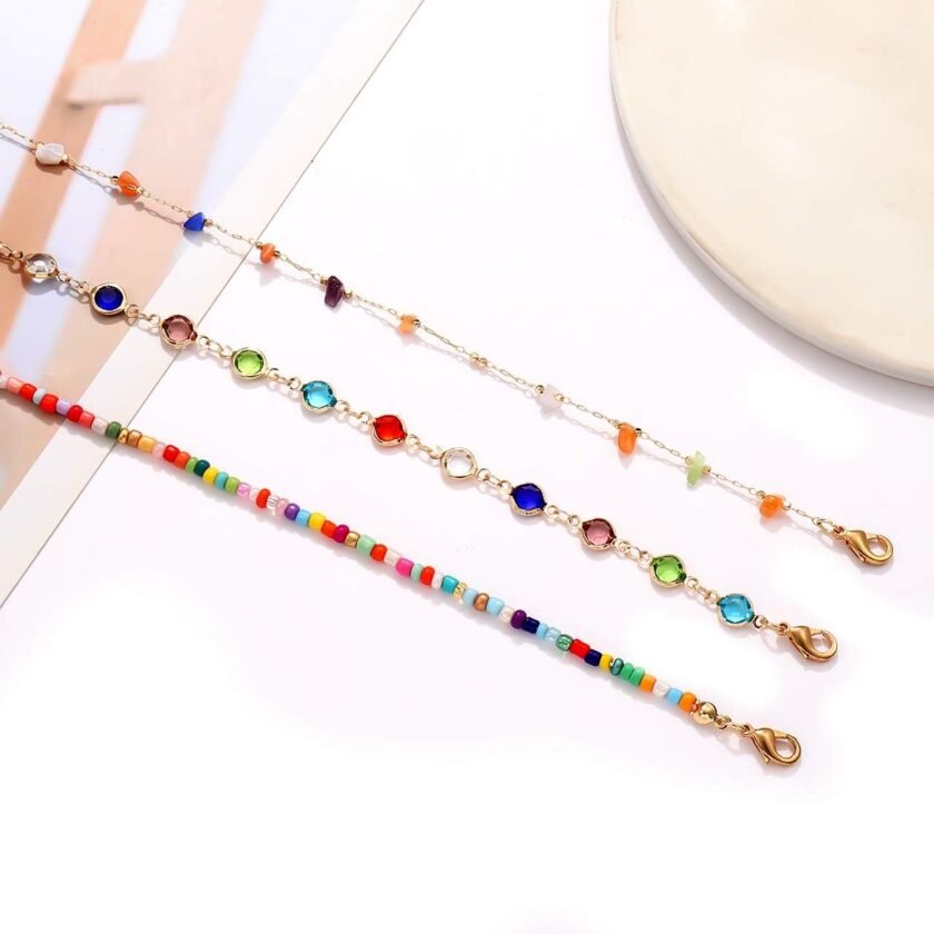 Boho Beaded Ankle Bracelet Beach 18 K Gold Plated Anklet Bracelets Handmade Colorful Seed Beads Butterfly Evil Eye Heart Link Chain Anklet Pack Cute Summer Foot Jewelry for Women - Image 3