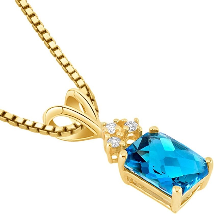 PEORA 14K Yellow Gold London Blue Topaz and Diamond Pendant, Genuine Gemstone Solitaire, 1 Carat Radiant Cut, 7x5mm AAA Grade, December Birthstone Necklace, Gold Necklace, w/Jewelry Box - Image 2