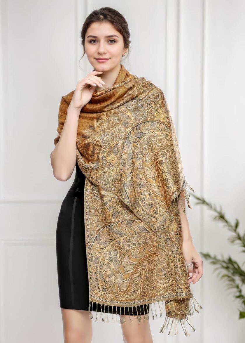 Achillea Luxurious Double Layered Jacquard Big Paisley Pashmina Shawl Wrap Scarf - Image 2